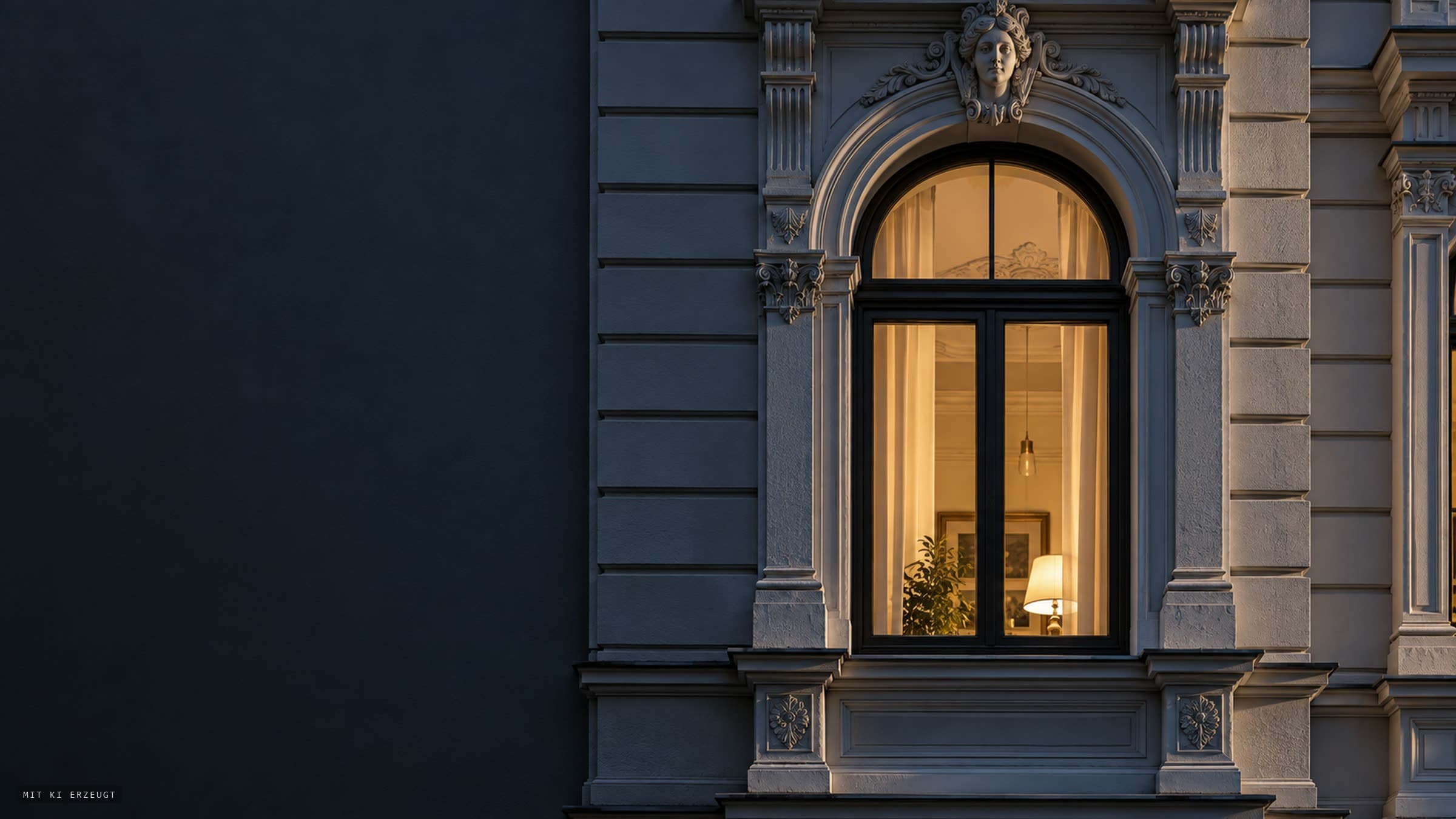 Ein Altbau in der Dämmerung, ein hohes Fenster im Erdgeschoss ist erleuchtet.
